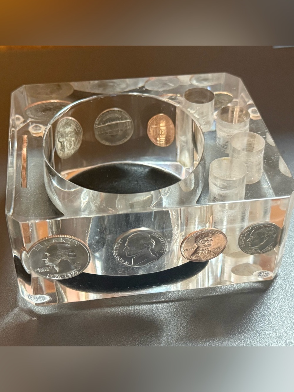 1976 Clear Acrylic Lucite Desk Caddy Paperweight Embedded with Coins